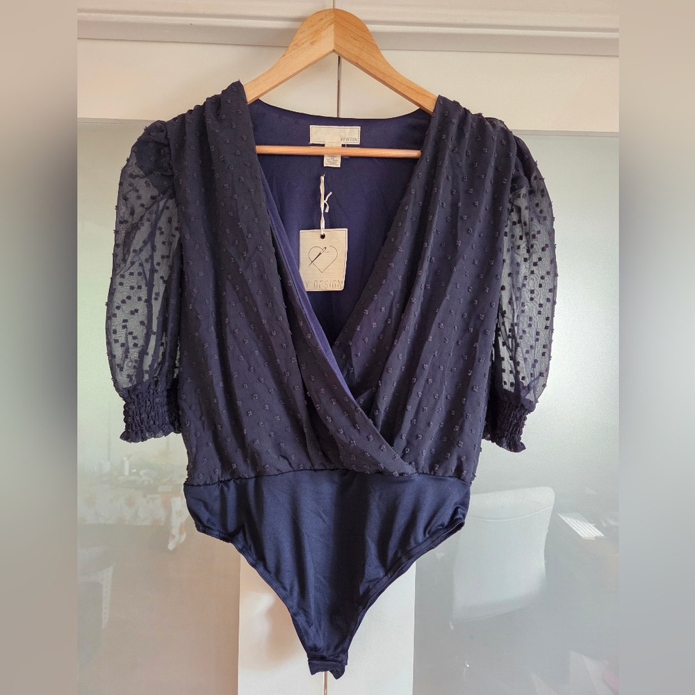 NWT Navy Blue Swiss Dot Sheer Puff Sleeve Bodysuit Large